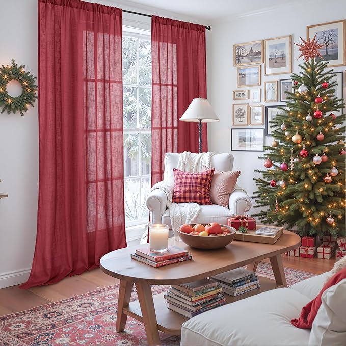BGment Semi Sheer Burgundy Curtains for Living Room 80 Inch Length - Linen Textured Light Filtering Window Drapes with Rod Pocket for Dining Bedroom Lightweight, 2 Panels Set, 52 X 80 Inch