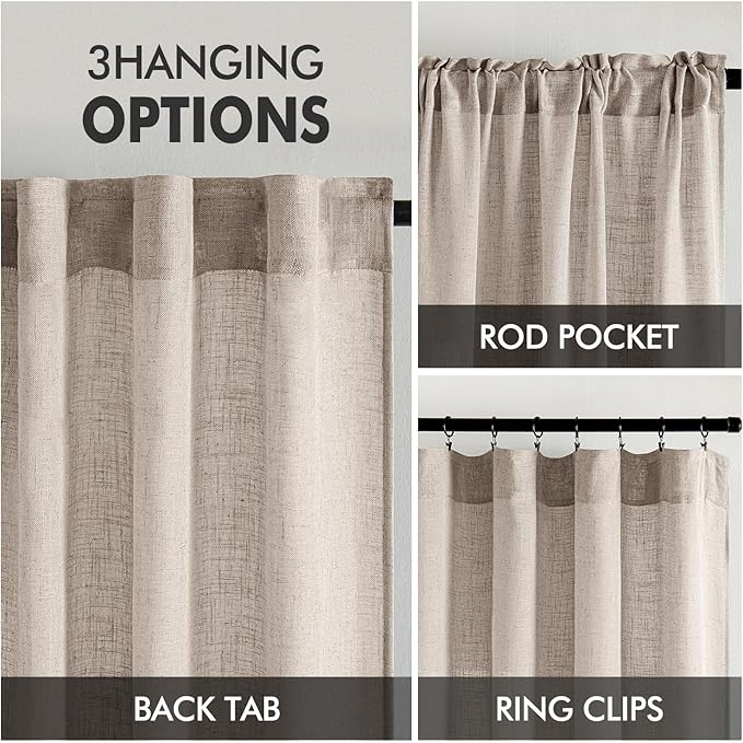 MIULEE Natural Linen Curtains 54 Inch Length 2 Panels for Bedroom Living Room, Soft Linen Textured Window Drapes Semi Sheer Light Filtering Back Tab Rod Pocket Farmhouse Modern Burlap Look Decor