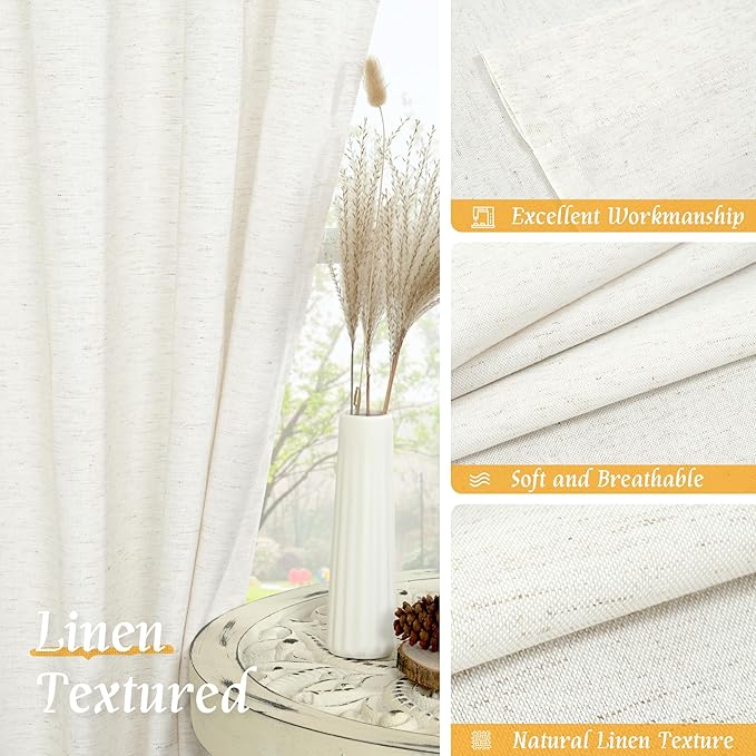 LAMIT Faux Linen Curtains 63 inches Long for Bedroom, Ivory Rod Pocket Linen Drapes Light Filtering Semi Sheer Privacy Curtains for Small Window/Farmhouse, 2 Panels (52 x 63 Inch, Natural)