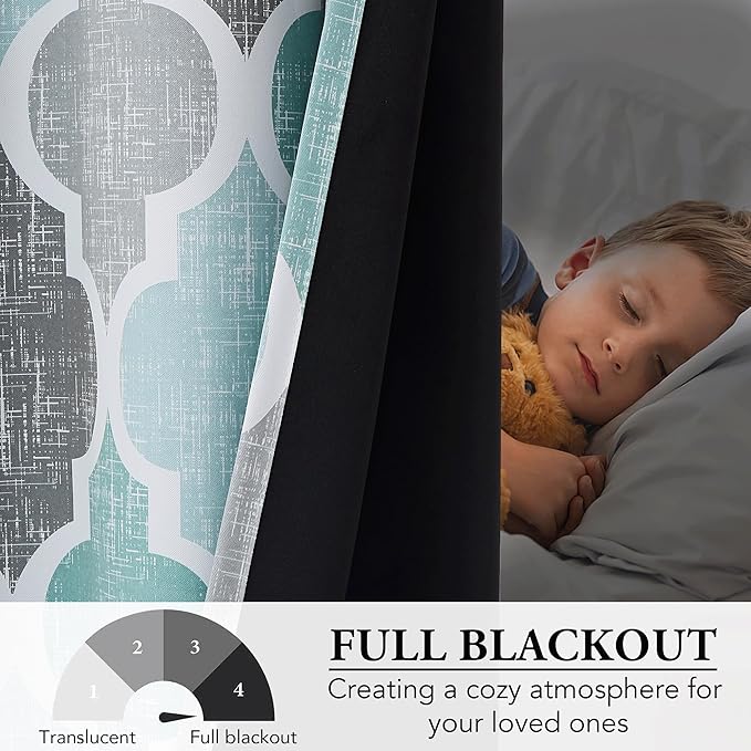 Beauoop 100% Blackout Curtains 96 Inches Long for Patio Sliding Door Aqua Grey Extra Wide Moroccan Geo Room Darkening Thermal Soundproof Room Divider Grommet Window Treatment Drapes,100x96 Set of 1