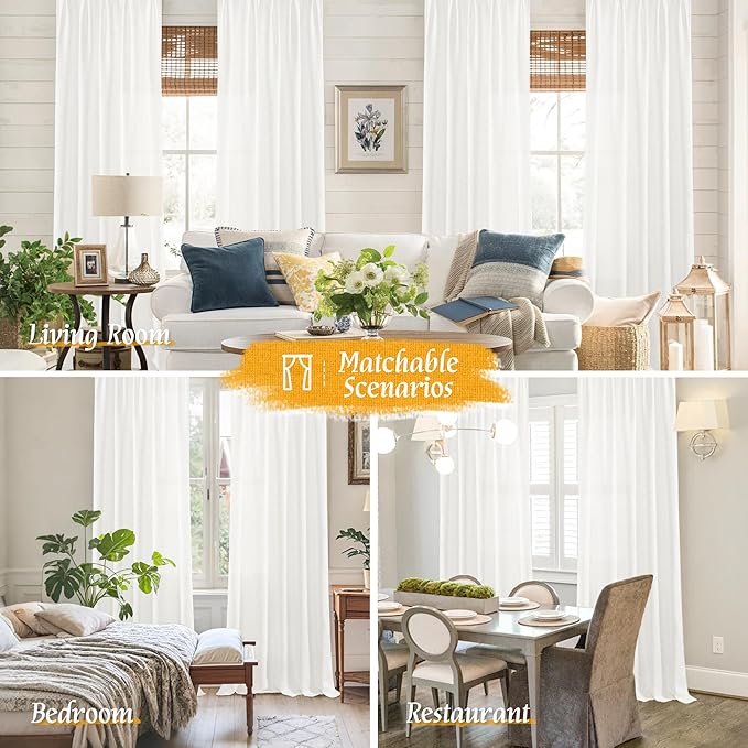 LAMIT Light Filtering 63 inch Length Linen Curtains, Soft Linen Textured Rod Pocket Neutral Boho Drapes Window Treatment Panels for Living Room/Bedroom, 2 Panels Set, 52 x 63 Inch, Ivory White