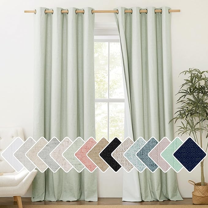 NICETOWN Full Blackout Sage Green Linen Curtains 102 inches Length with Thermal Insulated Liners for Living Room, 2 Panels, 52 inches W, Farmhouse Style Keep Warm Large Window Draperies for Hall