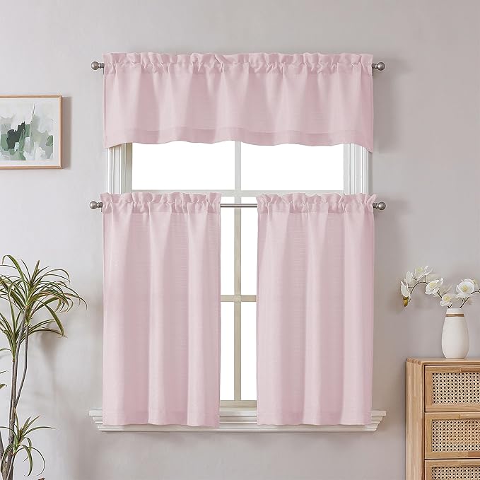Chyhomenyc Blush Pink Valance for Windows, Light Filtering Faux Linen Solid Short Curtain Valance, Burlap Decorative Small Curtain for Kitchen Bathroom Laundry Basement, 60Wx12L inch, 1 Piece