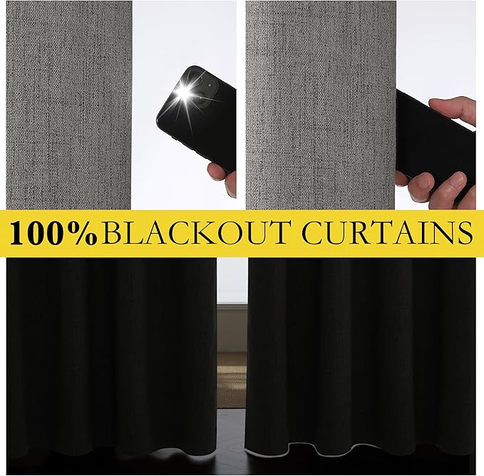 NICETOWN Grizzle Gray Vintage Linen 100% Blackout Curtains for Kitchen, Thermal Insulated Curtains 63" Long, Noise Reducing Window Treatment Drapes for Dorm Room, 62" Wide Per Panel, Set of 2