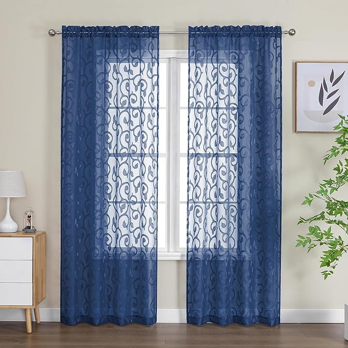 OWENIE Furman Blue Sheer Curtains 84 inches Long for Bedroom Living Room 2 Panels Set, Jacquard Clip Light Filtering Semi Sheer Curtain Rod Pocket Window Drapes, 2 Pcs Each 40 W 84 L