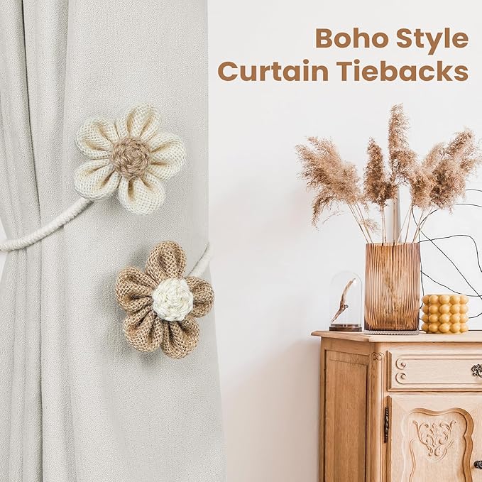 KLOGTSIND Flower Curtain Tiebacks, 6 Pack Boho Curtain Ties Elegant DIY Curtain Holdbacks, Decorative Window Drape Twist Tie Backs for Bedroom Decor, Nursery Decor, Farmhouse Decor