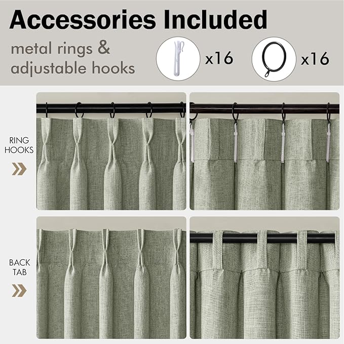 MIULEE Pinch Pleated Thick Linen Curtains 108 Inches Length 2 Panels for Living Room Bedroom, Extra Long Pinch Pleat Drapes Back Tab Light Filtering Sage Green Foor to Ceiling Curtains with Hooks