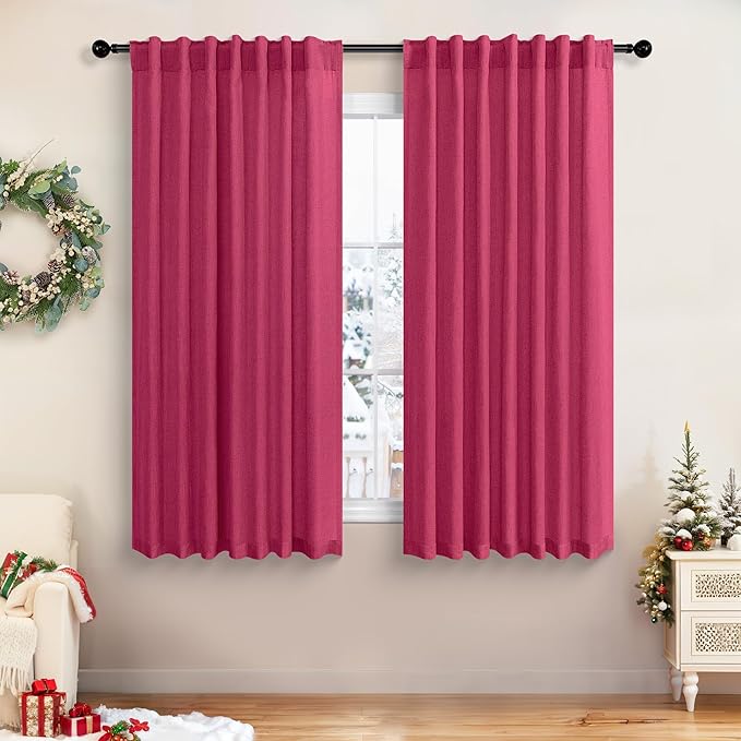 Hot Pink Curtains 45 Inch Length for Bedroom 2 Panel Pocket Back Tab Short Small Magenta Curtains for Living Room Semi-sheer Linen Light Filtering Curtain for Kitchen Bathroom Raspberry Fuchsia 52x45