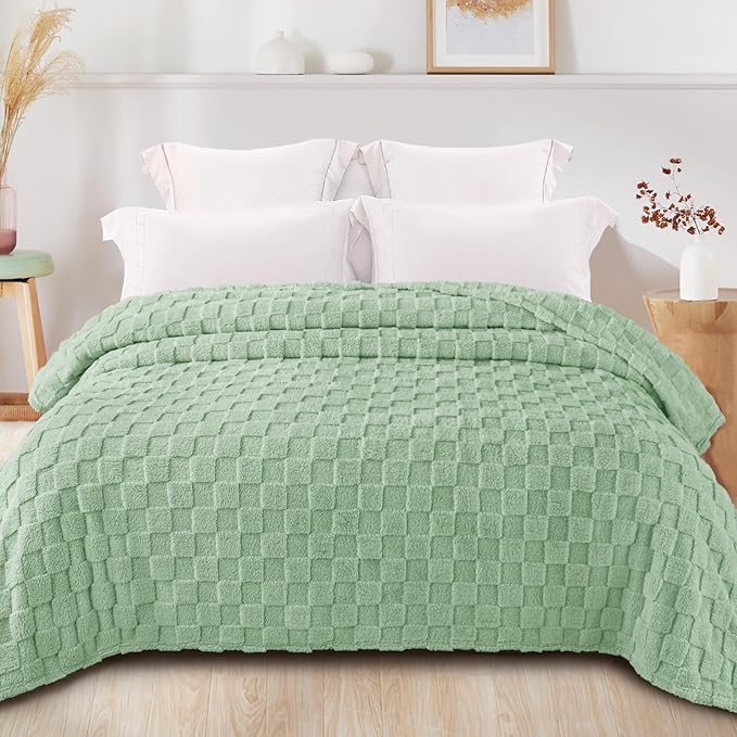 Exclusivo Mezcla Twin Size Flannel Fleece Blanket, Super Soft and Warm Lightweight Checkered Pattern Blanket for All Seasons, 60x80 Inches, Sage Green