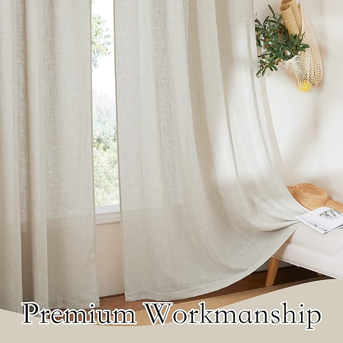 RYB HOME Sheer Curtains for Cafe - Linen Textured Wave Pattern Semi Sheer Curtains for Living Room Dining Kids Nursery Morden Window Frame Decor, Angora, 52 x 45 inches Length, 1 Pair