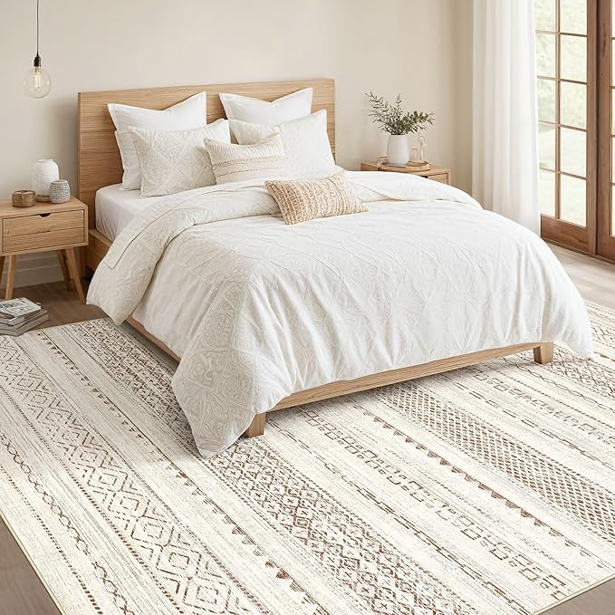 Nakagishi 5x8 Area Rug Living Room: Washable Boho Large Neutral Modern Soft Farmhouse Rugs Stain Resistant Indoor Floor Non-Slip Carpet for Bedroom Nursery Kids Playroom Office Dining Room- Brown