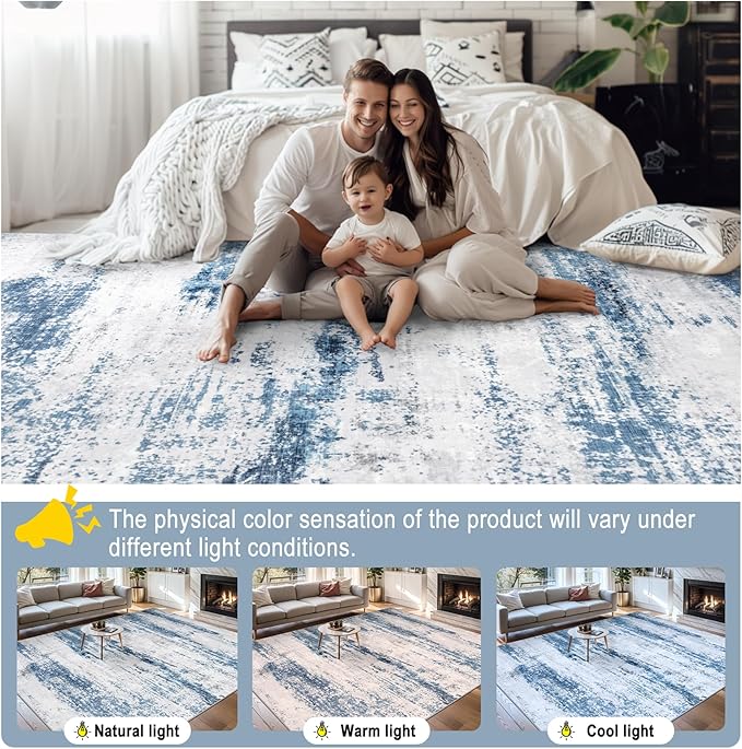 Area Rugs 9x12 Living Room - Washable Rug Modern Abstract Soft Large Neutral Non-Slip Carpet Indoor Floor Thin Carpets for Bedroom Dining Room Farmhouse Nursery Home Office White Blue Grey