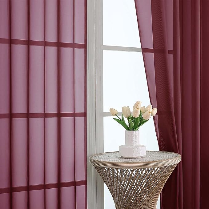 OWENIE Sheer Curtains 2 Panels Set for Bedroom Living Room, Soft Solid Rod Pocket Light Filtering Window Treatment, 2Pcs Each 59" W x 120" L, Burgundy Wine