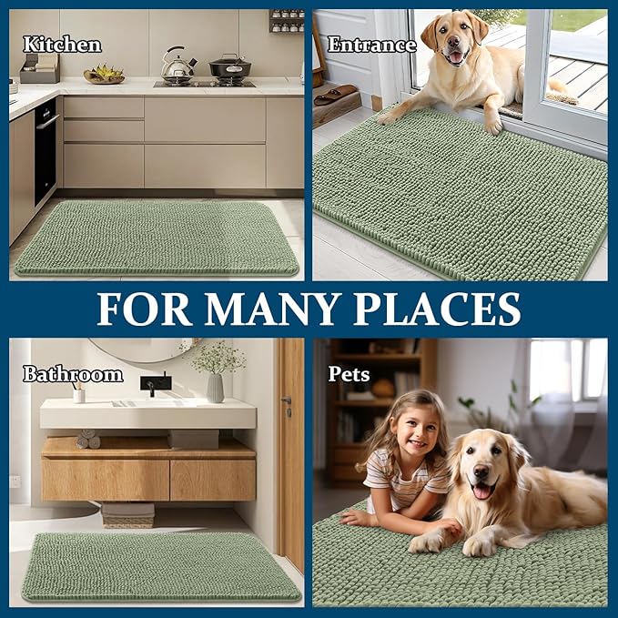 OLANLY Dog Door Mat for Muddy Paws 59x24, Absorbs Moisture and Dirt, Absorbent Non-Slip Washable Doormat, Quick Dry Chenille Mud Mat for Dogs, Entry Indoor Entryway Carpet for Inside Floor, Sage Green