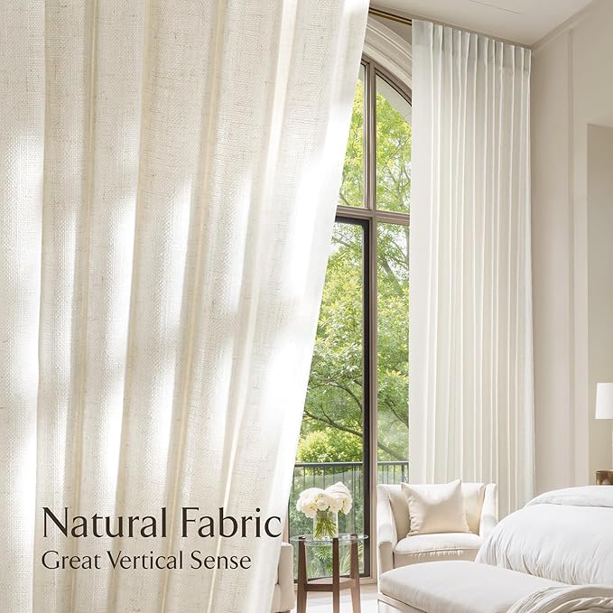 NICETOWN Linen Burlap Bedroom Curtains Natural, Rustic Rod Pocket & Back Tab Semi Sheer Flax Linen Weve Drapes Privacy with Light Filtering Window Treatmentes for Nursery, W37 x L60, Set of 2