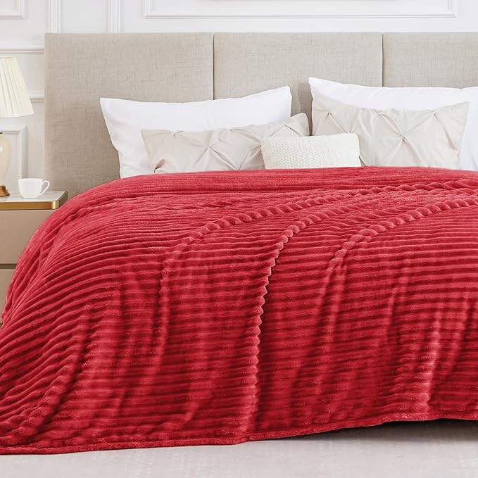 BEDELITE King Size Blanket for Bed, 300GSM Soft & Warm Fleece Blanket, Decorative and Giftable Striped Red Blankets for Women, Men, 108"x90"