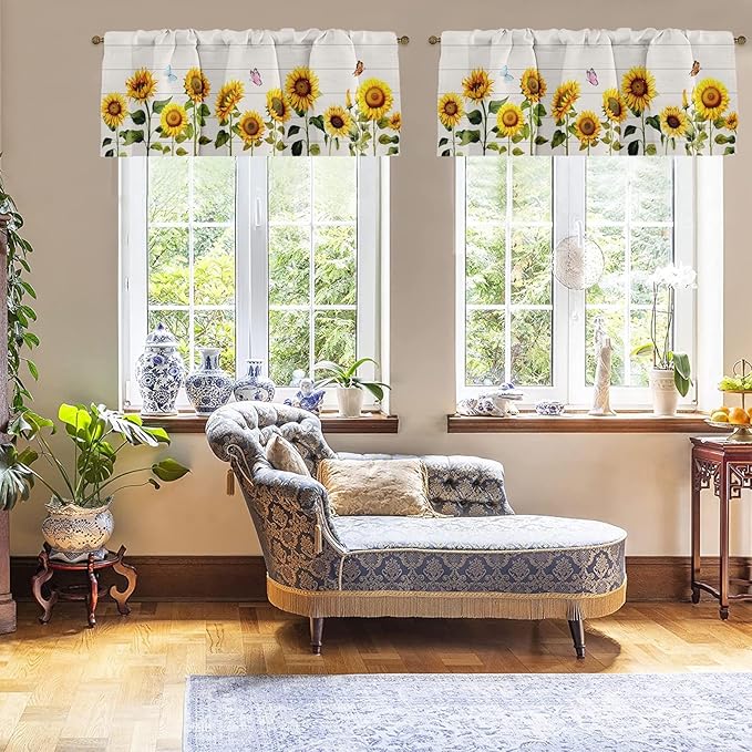 Emvency 4 Pack Valances Window Treatments, Farmhouse Sunflower Spring Summer Butterfly Blackout Adjustable for Living Room Bathroom Bedroom Kitchen Over Sink, 52x18 Inch Rod Pocket Valances