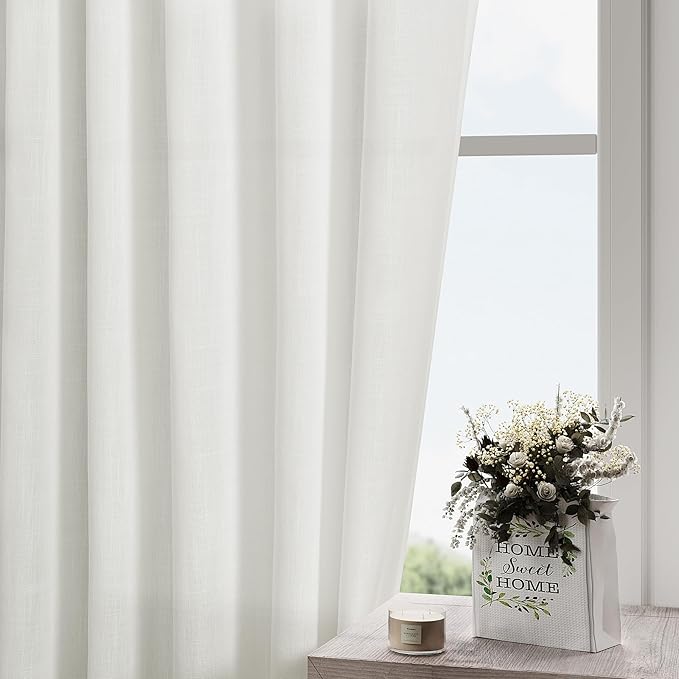 Nanspring Off White Cafe Curtains 45 Inch Length Set 2 Panel Back Tab Pocket Semi Sheer Short Linen White Curtain Tiers for Small Bathroom Window Basement Kitchen Doors 38x45