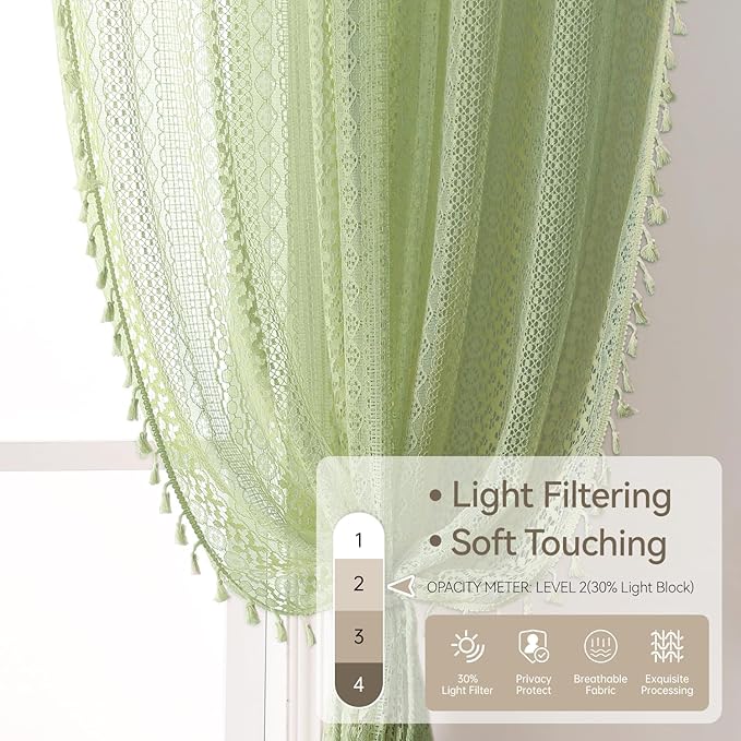 WAZZIO Boho Lace Curtains 63 Inches 2 Panel,Light Filtering Privacy Tassel & Geometry Crochet Semi Sheer Curtain Drapes for Bedroom Living Dining Room,Rod Pocket & Tassel,Grass Green