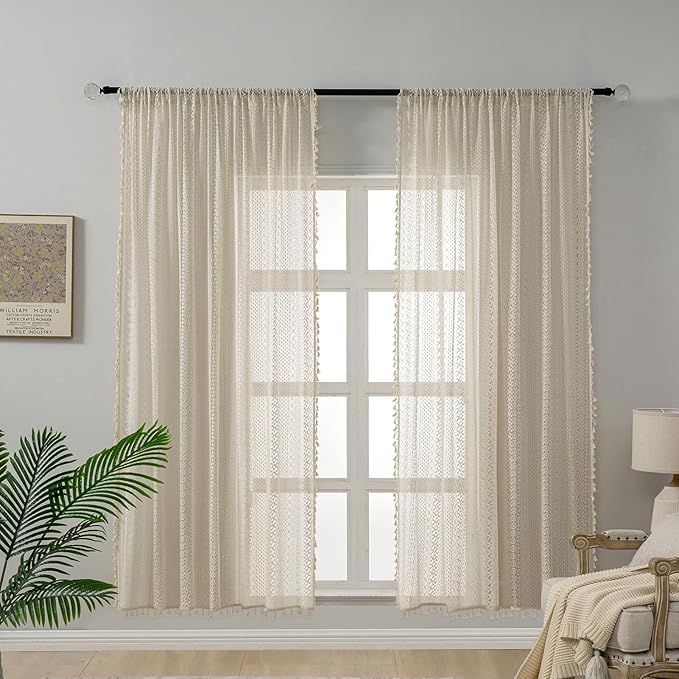 WAZZIO Boho Lace Curtains 72 Inches 2 Panel,Light Filtering Privacy Tassel & Geometry Crochet Semi Sheer Curtain Drapes for Bedroom Living Dining Room,Rod Pocket & Tassel,Vintage French Country,Beige
