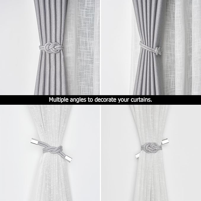 NICEEC 4 Pack Mini Magnetic Curtain Tiebacks Nordic Simple Style Drape Tie Backs Elegant Hand Weave Rope Knot Decorative Curtain Holdbacks for Home & Office Thin Window Drapery (Silver Grey)