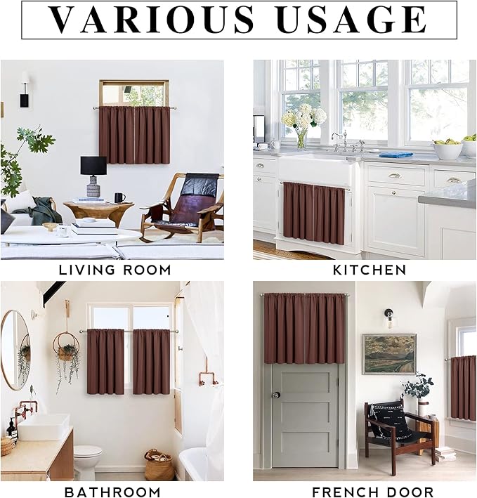 RYB HOME Kitchen Blackout Curtains Over Sink 36 inch Length, Rod Pocket Summer Light UV Blocking Energy Efficient, Cabinet Shelf Cupboard Coverings, Width 29 by Length 36, Chocolate Brown, 2 Panels