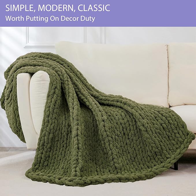 Bigacogo Chunky Knit Throw Blanket for Couch, 40x60 inches, 100% Hand Knitted with Thick Jumbo Chenille Yarn, Cozy Soft Large Rope Knot Cable Crochet Blankets for Sofa Bed Living Room, Yellow Green