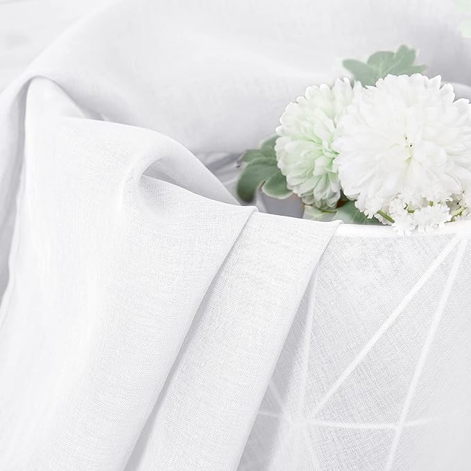 Tollpiz Short Sheer Curtains Living Room Linen Textured Curtain Sheers Light Filtering Voile Rod Pocket Curtains for Bedroom, 38 x 45 inches Long, White, Set of 2 Panels