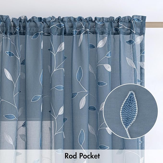 MIULEE Stone Blue Sheer Curtains 2 Panels Embroidered Leaf Patterned Rod Pocket Floral Semi Sheer Faux Linen Window Curtains Drapes Set for Living Room Bedroom Dining Room, 52x84 Inches Long