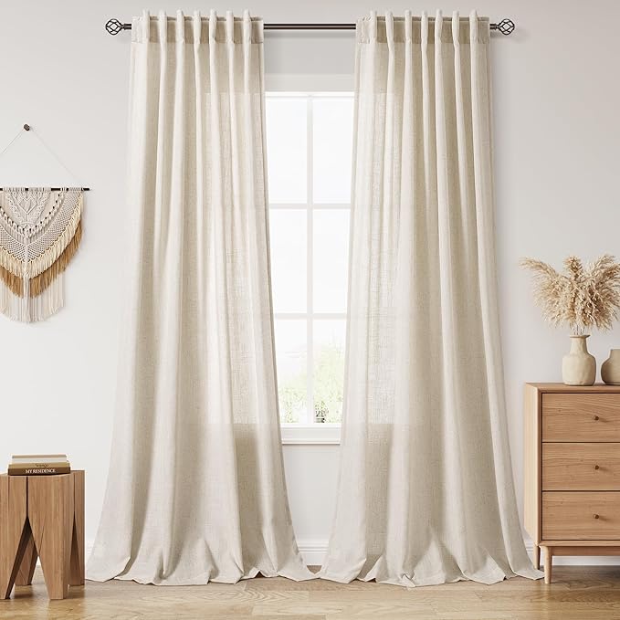 Boho Linen Curtains for Living Room 98 Inches Long Light Filtering Semi Sheer Curtain Back Tab Boho Eclectic Home Decor Elegant Luxury Farmhouse Drapes for Bedroom Dinner Room 52x98, 2 Panels