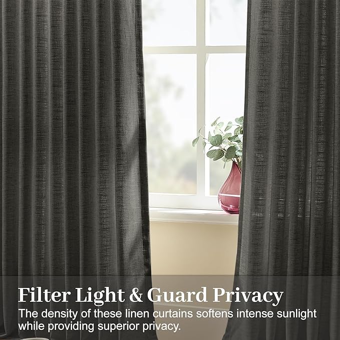 Pinch Pleated Curtains 90 Inch Length for Living Room, Semi Sheer Linen Pleated Curtain with Hooks Rings Light Filtering Back Tab Drapes for Bedroom Dining Room, 40x90, Charcoal Grey, 2 Panels