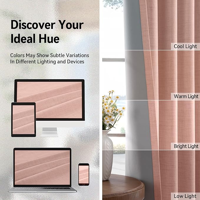 100% Blackout Shield Linen Blackout Curtains for Bedroom, Blush Pink Grommet Curtains for Living Room, Thermal Insulated Room Darkening Drapes for Nursery, Boho Home Decor, 50" W x 108" L, 2 Panels