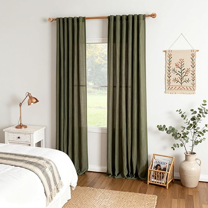 MYSKY HOME 96 Inches Semi Sheer Sliding Door Curtains Farmhouse Light Filtering Window Curtain Drapes for Patio Living Room, Extra Long Green Linen Curtains Bohemian, 50x96, Olive Green, 2 Panels