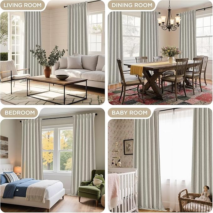 Joydeco Greyish White Pinch Pleated Thick Linen Curtains 90 Inch Long 2 Panel Set for Living Room, Double-Faced Curtain for Bedroom, Back Tab Blackout Drapes with Adjustable Hooks (40”W x90”L)
