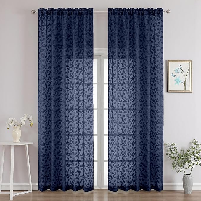 Chyhomenyc Navy Blue Sheer Curtains 96 Inch Length 2 Panels Set, Light Filtering Tufted Textured Soft Airy Rod Pocket Gentle Leaf Window Treatment Drapes for Bedroom Living Room, 52" Wx96 L, 2PCS