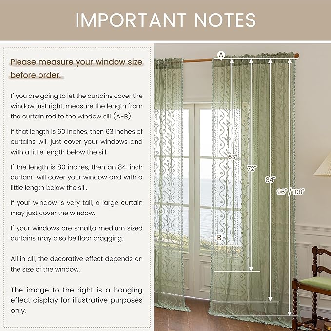 WAZZIO Boho Lace Curtains 2 Panels 63 Inch -Vintage Victorian Sheer Panel Drape French Country Floral Pattern & Tassel Light Filtering Privacy for Bedroom Dining Living Room,Light Sage Green,W52x L63