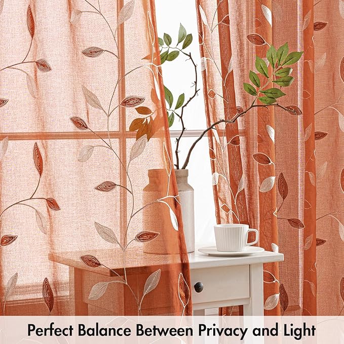 MIULEE Burnt Orange Sheer Curtains 2 Panels Embroidered Leaf Patterned Rod Pocket Floral Semi Faux Linen Window Fall Curtains Drapes Set for Living Room Bedroom Dining Room, 52x96 Inches Long