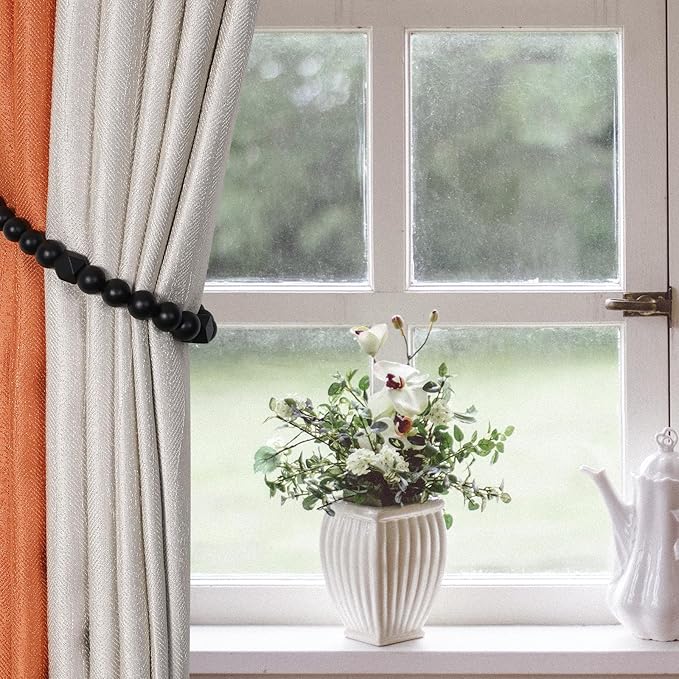 Wood Bead Curtain Tiebacks, KLOGTSIND Set of 4 Curtain Holdbacks for Thin or Thick Window Draperies, Boho Farmhouse Curtain Tiebacks with Hooks, Curtain Tie Backs for Home Office Room Decor