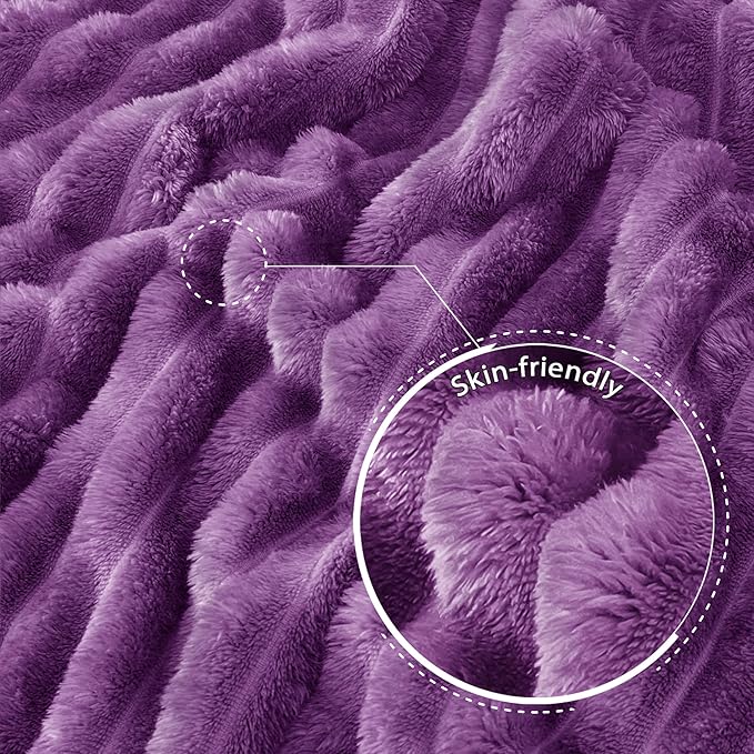 Exclusivo Mezcla Fleece Throw Blanket for Couch, Super Soft Striped Jacquard Bed Blanket, Lightweight Fuzzy Cozy for All Seasons, 50x60 Inches, Purple