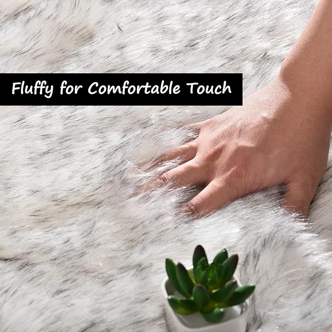 Goolela Sheepskin Area Rug 5x8 Fluffy Fuzzy Furry Rug for Bedroom Living Room Faux Fur Shaggy Plush Soft Washable Rectangle - White with Grey Tips