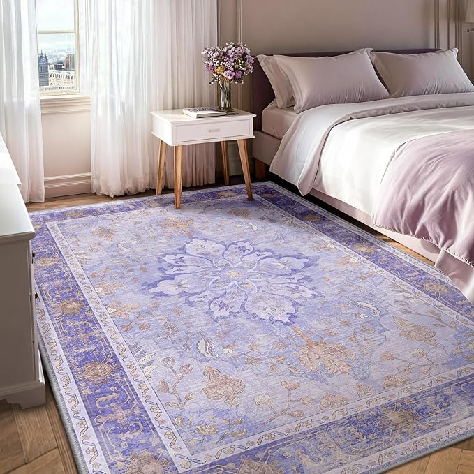 RELEANY Area Rugs 5'x7' Washable Non-Slip, Floral Vintage Distress Print Pattern Medallion Carpet for Living Room Bedroom Dining Room, Light Purple Brown