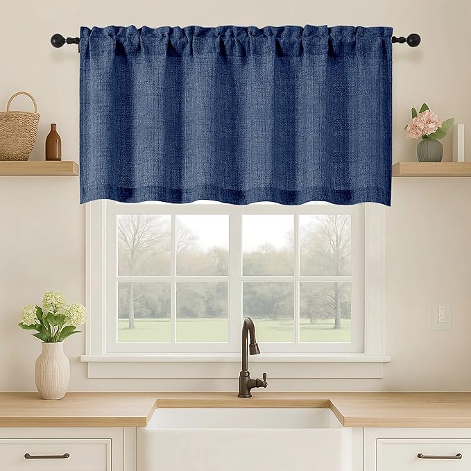 OVZME Navy Blue Valance for Windows, Light Filtering Faux Linen Textured Small Cafe Valances for Windows, Dual Rod Pocket Farmhouse Short Curtain for Bathroom Basement, 60Wx24L inch, 1 Piece