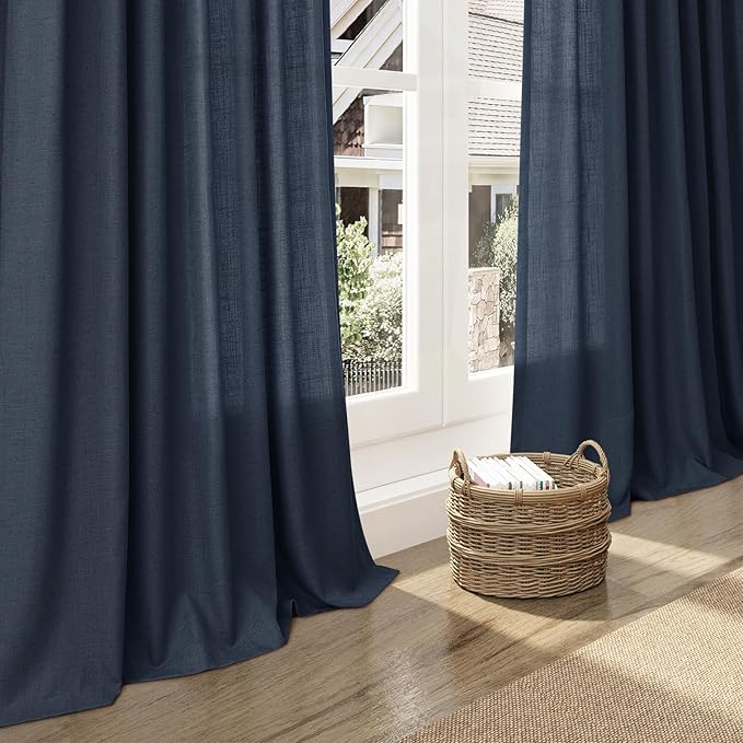Vintage Blue Curtains 63 Inches Long 2 Panel Sets for Living Room Bedroom Light Filtering Linen Drapes for Kitchen Windows Rod Pocket Back Tab Short See Through Curtain Vintage Country Decor 52x63