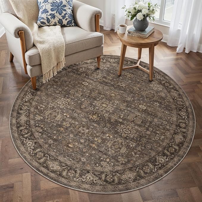 3x3 Washable Round Rug for Entryway Vintage Brown Non Slip Low Pile Carpet Traditional Retro Soft Cirlce Rug for Entrance Bathroom Door Mat Indoor Dorm Dining Room