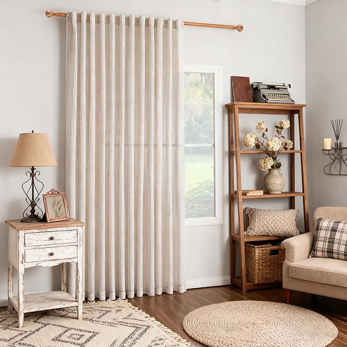 MYSKY HOME Natural Linen Curtains for Bedroom Living Room, Semi Sheer Curtains & Drapes 90 inches Length Farmhouse Country Style Back Tab Draperies for Sliding Glass Door, 100" Wide, 1 Panel
