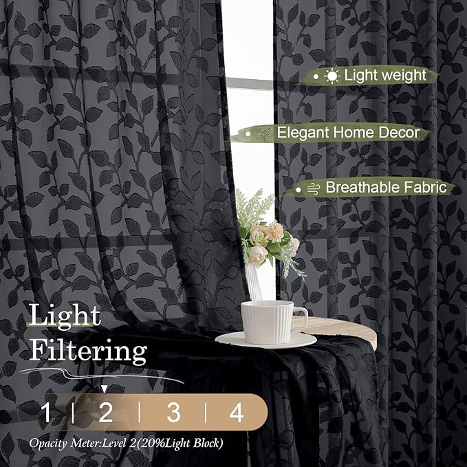 Chyhomenyc Black Sheer Curtains 72 Inches Long 2 Panels Set, Light Filtering Tufted Textured Soft Airy Rod Pocket Elegant Leaf Window Treatment Drapes for Bedroom Living Room, 42" Wx72 L, 2PCS