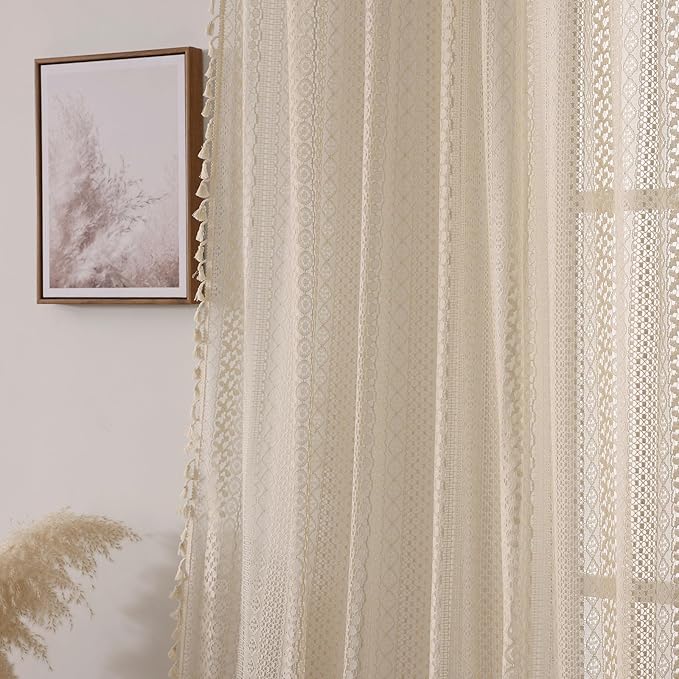 WAZZIO Boho Lace Curtains 102 Inch 2 Panel,Light Filtering Privacy Tassel & Geometry Crochet Semi Sheer Curtain Drapes for Bedroom Living Dining Room,Rod Pocket & Tassel,Vintage Farmhouse Decor,Beige