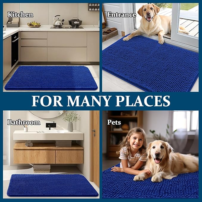 OLANLY Dog Door Mat for Muddy Paws 35x24, Absorbs Moisture and Dirt, Absorbent Non-Slip Washable Doormat, Quick Dry Chenille Mud Mat for Dogs, Entry Indoor Entryway Carpet for Inside Floor, Royal Blue