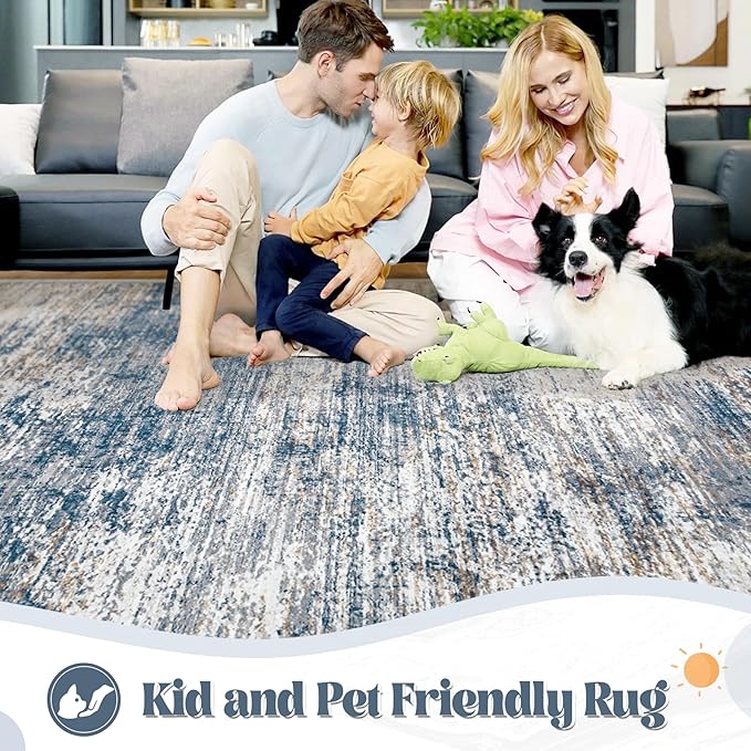 XLUEZ 9x12 Area Rug for Living Room, Washable Modern Abstract Large Area Rug Neutral Soft Non Slip Kids Rug Stain Resistant Indoor Carpet for Bedroom Dining Room Playroom Office(BlueWhite, 9'x12')