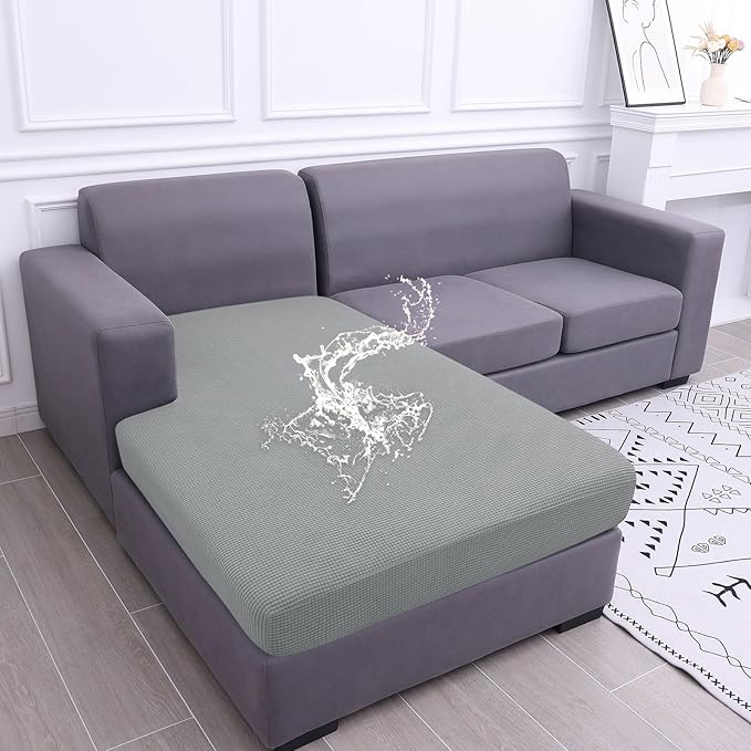 hyha Waterproof Couch Cushion Covers, Sectional Sofa Cushion Slipcovers L Shape, Thick Stretch Jacquard Fabric, Washable Chaise Lounge Cover with Elastic Bottom (1 Piece for Chaise, Light Grey)